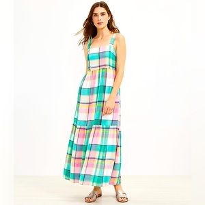 LOFT Petite Plaid Strappy Tiered Maxi Pocket Dress size XS